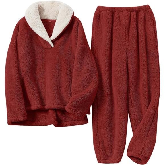 Women's Fluffy Pajamas Set Fleece Pullover Pants Loose Plush Sleepwear, Wine Red